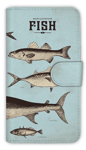 Photo1: 【Angler's Case】【Notebook Type】Cell-phone Case - Vintage Fish Picture Book  - Blue (built-to-order) (Product code：diary2015110501)