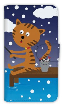 【Angler's Case】【Notebook Type】Cell-phone Case - Cat and Fishing - snow (built-to-order) (Product code：diary2015110712)